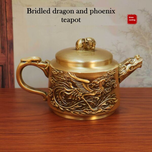 Brass Dragon and Phoenix Dragon Head Teapot Relief Sculpture Tea Set Ornaments